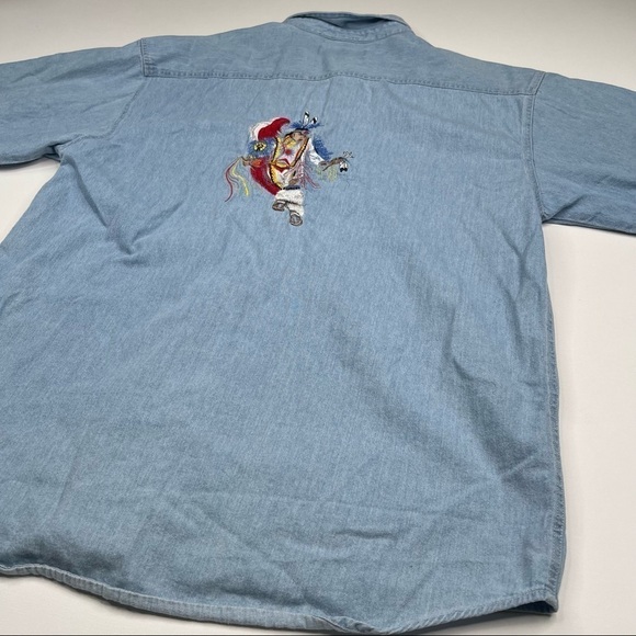 Vintage Native American Shirt Chambray Button Tribal Indigenous Blue Summer - Picture 8 of 12